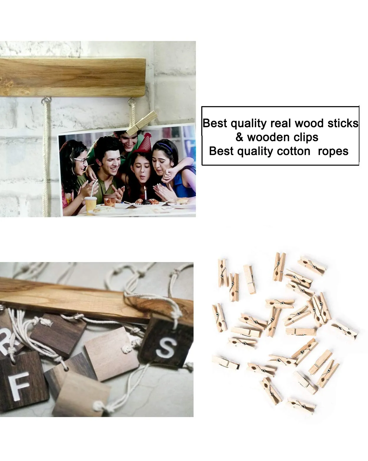 VAH Wood Smile Picture Photo Frame for Wall Decor Photos Artworks Prints Multi Pictures Organizer & Hanging Display Frames with Wood Clips