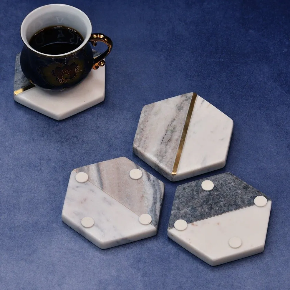 White & Grey Natural Hexagonal Marble Coasters  (Set of 4)