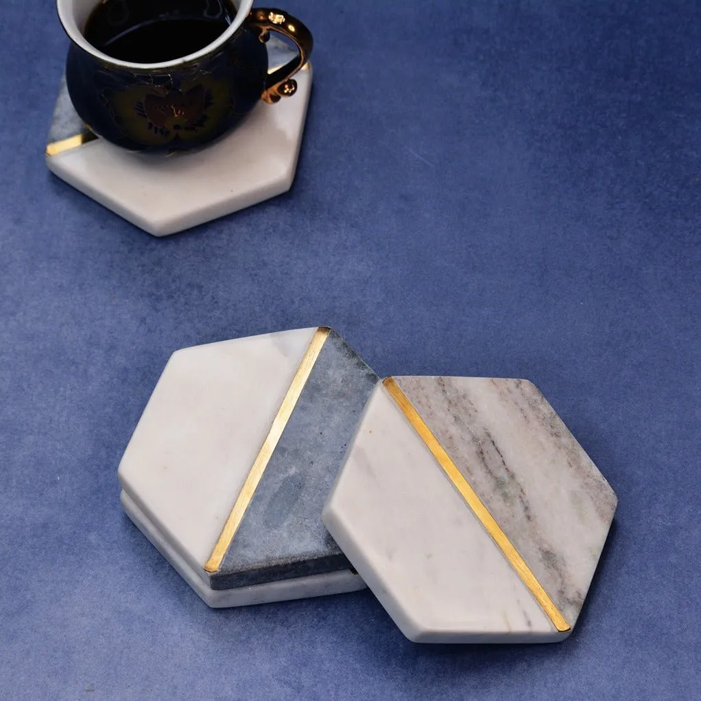 White & Grey Natural Hexagonal Marble Coasters  (Set of 4)