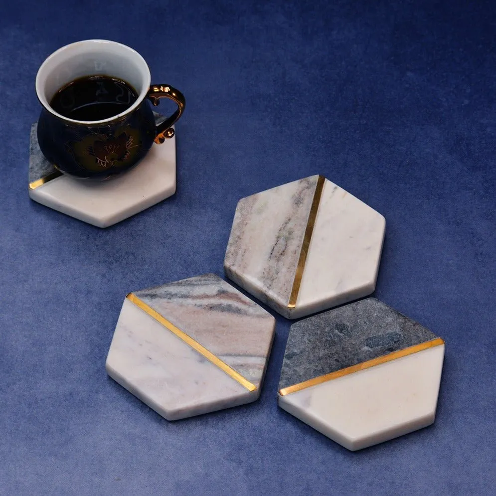 White & Grey Natural Hexagonal Marble Coasters  (Set of 4)