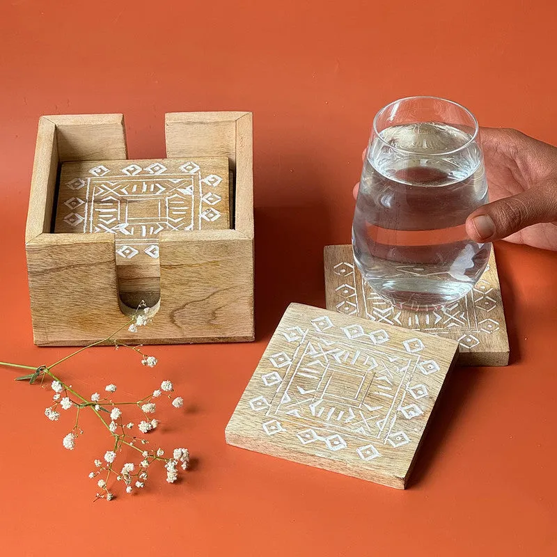 Wooden Carved Coaster Set | White | Set of 6