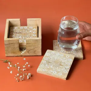 Wooden Carved Coaster Set | White | Set of 6